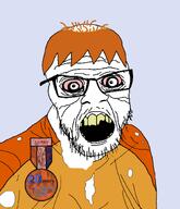 Zach aged badge balding bloodshot_eyes clothes glasses hair mustache old oldfag open_mouth orange_hair soot_colors soyjak soyzellig_party stubble text tshirt variant:feraljak wrinkles yellow_teeth zarty // 1400x1630 // 525.7KB