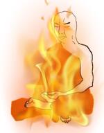 arm bald buddhist closed_eyes closed_mouth fire foot hand meditation orange_shirt robe self_immolation variant:chudjak // 682x875 // 405.9KB