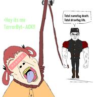 2soyjaks anime blue_eyes buff female full_body holding_object holding_rope lynching nate open_mouth raid_(soyjak_party) red_hair rope satania subvariant:chudjak_front subvariant:muscular_chud terrorbyte text variant:chudjak yellow_hair yellow_teeth // 2000x2000 // 222.8KB
