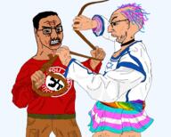 2soyjaks arm art belt bloodshot_eyes brown_skin choker clenched_teeth clothes country crying ear fight flag gay glasses hair hand israel judaism lgbt nazism noose pol_(4chan) ppurple_hair queen_of_spades rope soyjak stubble swastika tranny variant:chudjak variant:unknown white_skin // 3600x2891 // 654.6KB