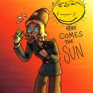 beard blue_eyes bobby_(nandroid) british_police closed_mouth clothes emmy_the_robot glasses hat nandroid nose police robot sun sweating text united_kingdom variant:gapejak yellow_hair // 1125x1125 // 115.2KB