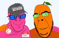 2soyjaks badge blue blue_eyes button closed_mouth doll_(user) froot glasses green_glasses hello_my_name_is_(sticker) kolyma leaf no_more_brother_wars orange pink pink_skin smile soyjak stubble text variant:cobson variant:feraljak // 774x503 // 256.0KB