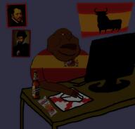 animal arm beer big_lips blackout brown_skin bull closed_mouth clothes computer cow dark double_chin flag flag:spain full_body hair hand keyboard lips mustache painting room san_miguel_beer soyjak spain stubble table text variant:meximutt // 922x882 // 301.3KB