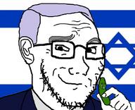 Benjamin_Netanyahu bloodshot_eyes closed_mouth clothes crying crying_wojak ear flag flag:israel glasses grey_eyebrows grey_hair holding_object israel pickle smug soyjak star_of_david stubble symbol variant:soyak wojak // 850x692 // 162.6KB