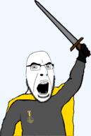 arm badge cape clothes glasses hand holding_object holding_sword knight open_mouth soot soot_colors soyjak soyjak_party stubble sword variant:cobson weapon // 1200x1787 // 361.1KB