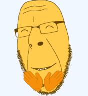 closed_eyes emoticon glasses grin hand happy hugging no_eyebrows open_mouth series:soymoji smile soyjak stubble variant:cobson yellow yellow_skin // 721x789 // 28.7KB