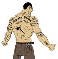aboriginal arm back brown_skin buff canada ear first_nations glasses gun hair hand muscles native_american revolver soyjak tattoo text variant:chudjak // 1425x1445 // 58.8KB