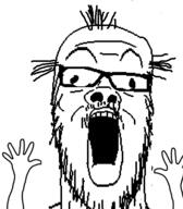glasses hand hands_up merge mustache open_mouth soyjak stubble subvariant:wewjak variant:a24_slowburn_soyjak variant:soyak // 454x520 // 15.8KB