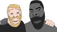 2soyjaks beard black_and_white blue_eyes chad closed_mouth clothes friendship gigachad hair looking_at_you mustache no_more_brother_wars nordic_chad pink_skin smile smirk soyjak stubble teeth variant:cobson variant:feraljak yellow_hair // 1920x1077 // 227.7KB