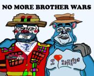 2soyjaks alternate andrew_dobson animal architect balloon bear blue blue_hair blue_skin clothes clown colorful ear eat friendship full_body glasses hand hat heart i_love inflation_fetish no_more_brother_wars open_mouth snout soyjak text transparent uniform variant:sidjak vinluv // 633x512 // 258.5KB