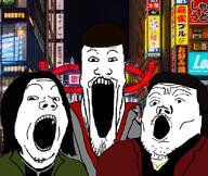 3soyjaks akiyama_shun clothes glasses hair kazuma_kiryu mustache open_mouth soyjak soyjak_trio stretched_mouth stubble taiga_saejima variant:gapejak variant:markiplier_soyjak variant:tony_soprano_soyjak video_game yakuza // 828x700 // 536.6KB