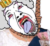 bloodshot_eyes chain clothes crown crying dead dress elizabeth_ii female grey_hair irl lipstick open_mouth purple_hair queen rope soyjak stubble suicide tongue tranny united_kingdom variant:bernd white_skin yellow_teeth // 640x593 // 520.2KB