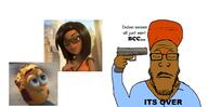 bcc blue_eyes brown_skin chips_ahoy closed_eyes comic_sans cookie cooper_black crying female firearm glasses glock green_eyes gun hair holding_gun holding_object holding_pistol india indian its_over mustache pistol stubble suicide text turban variant:markiplier_soyjak // 1720x886 // 698.7KB