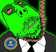 bloodshot_eyes clothes distorted fed federal_agent federal_bureau_of_investigation glasses glownigger green_skin necktie rope stubble subvariant:scholar suicide suit trend:glowie variant:gapejak yellow_teeth // 773x721 // 326.0KB