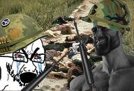 2soyjaks angry bloodshot_eyes bullet camouflage clothes combat_helmet crying erdl_pattern firearm gigachad glasses hat helmet irl_background m1_helmet military mitchell_pattern open_mouth soyjak stubble thick_eyebrows variant:cryboy_soyjak weapon // 714x486 // 137.9KB