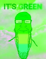 calm closed_eyes cloud forehead_lines forehead_wrinkles glasses glowing_text gradient green green_background green_glasses green_outline green_skin green_text its_over sky smile stubble subvariant:longplier text variant:markiplier_soyjak // 785x1000 // 320.2KB