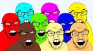 colorful glasses looking_at_you multiple_soyjaks mustache open_mouth soyjak stubble variant:feraljak // 1781x978 // 479.6KB