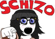 beanie blue_eyes blush clothes female glasses hair hand hat open_mouth pointing pointing_at_viewer schizo soyjak text variant:soytan // 539x382 // 18.2KB