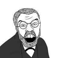 angry beard clothes costume glasses grey_hair looking_at_you mustache open_mouth round_glasses sigmund_freud soyjak variant:feraljak // 900x900 // 151.7KB