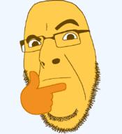 closed_mouth emoticon glasses hand looking_at_you raised_eyebrow series:soymoji soyjak stubble thinking variant:cobson yellow yellow_skin 🤔 // 775x849 // 32.8KB
