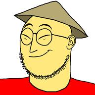 asian chinksectoid clothes glasses hat hotdiggedydemon red_shirt slant_eyes smile soyjak stubble variant:weirdpenis yellow_skin // 900x900 // 11.8KB