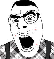 acne angry glasses hair looking_to_the_left mustache nerd open_mouth soyjak suspenders teen thick_eyebrows variant:cobson // 721x789 // 183.5KB