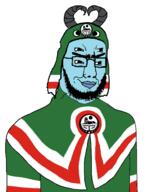 alien blue_lips blue_skin caplet glasses green_clothes headcovering horn multiple_eyes smirk variant:chudjak // 1796x2356 // 257.3KB