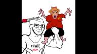 2020 amerimutt animated anti_ongezellig arm artist:romanian_schizo bisected blood bow bowtie brown_skin closed_mouth drill fat glasses gore hair hand holding_object i_hate mymy nikocado_avocado ongezellig open_mouth orange_hair smile smug soyjak stubble text variant:soyak // 1920x1080 // 762.1KB