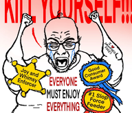 angry arm award bald clothes consumerism crying forehead_lines glasses joy lips meta:leaky nose open_mouth red_skin slop soyjak speech_bubble stubble text tongue tshirt variant:rupturejak white_skin // 1260x1080 // 1.0MB