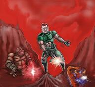armor artist:romanian_schizo bandage blood blue_blood buff demon doom_(game) doom_2 doom_guy fat firearm gore gun italy_vs_mexico laser marine mountain red_skin red_sky satoko_houjou_fan subvariant:muscular_chud variant:chudjak variant:meximutt wound // 1096x1007 // 1.4MB