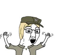 arm christianity clothes cross excited glasses hair hand hands_up hat marichka nazism necklace pointing russo_ukrainian_war soyjak ukraine variant:chudjak yellow_hair // 1075x1032 // 84.0KB