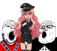 3soyjaks anime arm celtic_cross clothes confederate female flag glasses glove hand long_hair louise nazism open_mouth politics racism soyjak star stretched_mouth stubble swastika trend:soyjak_trio variant:gapejak variant:markiplier_soyjak variant:tony_soprano_soyjak white_supremacist zero_no_tsukaima // 957x861 // 411.6KB
