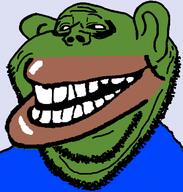 blue_background blue_shirt frog green_skin grin hybrid laughing pepe smile subvariant:impish_amerimutt trollface variant:impish_soyak_ears // 598x628 // 18.6KB