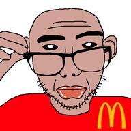 amerimutt brown_skin closed_mouth clothes ear glasses hand mcdonalds red_shirt soyjak stubble variant:sobot // 548x548 // 35.1KB