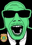 badge brazil clothes glasses glowing green green_skin mustache necktie open_mouth police portuguese_text soyjak stubble suit sunglasses text trend:glowie variant:punkjak // 918x1306 // 90.6KB