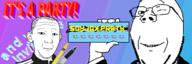 2soyjaks advertisement clothes cyrillic_text ear glasses hair hand holding_object neutral pen smile soyjak soyjak_party stubble subvariant:wholesome_soyjak text track_suit variant:gapejak variant:kuzjak wink // 600x200 // 54.2KB