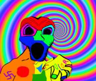 angry animated beard colorful deformed glasses hand open_mouth plate soyjak swastika variant:platejak // 589x500 // 3.6MB