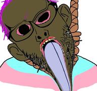 ack brown_skin brown_troonjak distorted ear glasses hanging open_mouth purple_hair rope soyjak stubble tranny variant:nojak // 768x719 // 107.7KB