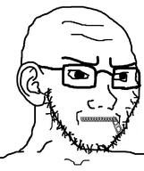 bald closed_mouth ear frown glasses greyscale irritated looking_to_the_right soyjak stubble variant:soyak white_background zipper // 632x756 // 22.4KB