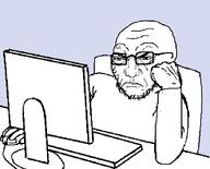 angry arm blue_background chair closed_mouth computer frown glasses hand mouse mouse_(computer) punisher_face room screen soyjak stubble variant:soyak // 975x789 // 22.4KB