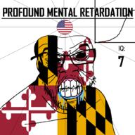 angry bald black_eyes black_hole black_sclera clenched_teeth closed_mouth cracked_teeth drool ear flag flag:maryland flag:united_states glasses hair iq iq_bell_curve maryland mustache nightmare_fuel no_pupils profound_mental_retardation retard soyjak star_(symbol) state stubble text united_states variant:feraljak wrinkles // 1024x1024 // 76.3KB