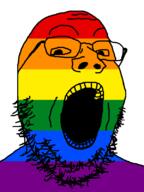flag glasses lgbt open_mouth soyjak stubble variant:gapejak // 600x800 // 204.1KB