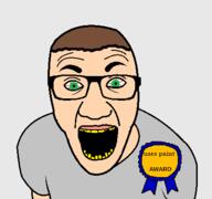 award bad_teeth bloodshot_eyes clothes coal glasses green_eyes grey_shirt joel_(user) ms_paint no_stubble variant:el_perro_rabioso // 427x400 // 10.2KB