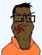brown_skin chad eyebrows glasses hair hindu india indian jawline lips orange_shirt stubble subvariant:euroaryan swastika variant:markiplier_soyjak variant:pajeetjak // 1170x1521 // 50.3KB