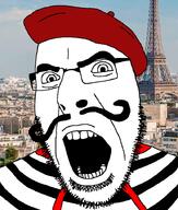 beret clothes country france glasses hat irl_background mustache open_mouth scarf soyjak stubble variant:cobson // 775x911 // 331.5KB