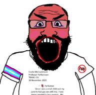 angry arm armband balding beard clothes essay eyelashes eyeliner glasses i_heart i_love lipstick makeup open_mouth soyjak subvariant:science_lover text transgender_flag variant:markiplier_soyjak // 680x671 // 137.8KB