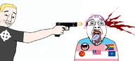 2soyjaks antifa arm blood blue_eyes celtic_cross chud communism fascism firearm flag flag:progress_pride_flag flag:transgender_pride_flag glasses globalism gun hammer_and_sickle holding_gun holding_object holding_pistol lipstick mustache nato pistol pride_flag purple_hair soyjak star_of_david stubble tranny trend:aryan ukraine united_states variant:bernd variant:chudjak yellow_hair yellow_teeth // 1065x483 // 152.9KB