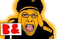 Fdl clothes dog ear froot glasses glowing hat janny looking_at_you open_mouth police police_hat police_uniform soyjak stubble variant:policejak yellow_skin // 1600x1100 // 273.6KB