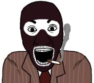 arm balaclava cigarette clothes necktie open_mouth smoke smoking soyjak spy_(tf2) stubble suit team_fortress_2 valve variant:el_perro_rabioso video_game // 800x708 // 28.1KB
