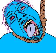 ack bloodshot_eyes blue blue_skin crying death glasses hair hanging looking_up mustache noose open_mouth purple_hair rope series:gigachadhero's_colorful_troonjaks soyjak stubble suicide tongue tongue_out tranny variant:bernd white_background yellow_teeth // 768x719 // 29.7KB